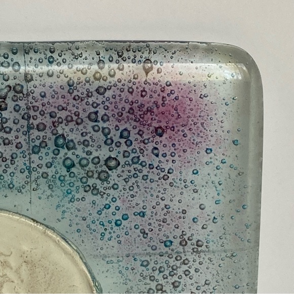 Fused Art Glass Wall Hanging Cherub Cupid Angel Plaque Blue Green 5.25” Square - Picture 14 of 16